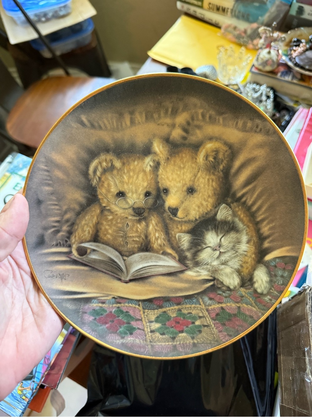 Franklin Mint Brown and Cream Teddy Bears & Kitten Collector Plate